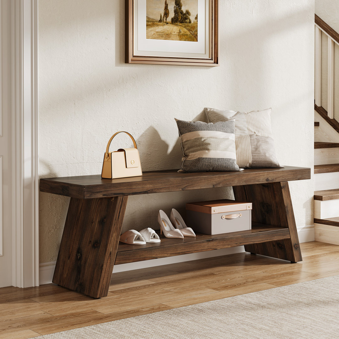 2-tier Solid Wood Entryway Bench, Indoor Shoe Bench Hallway Foyer Seating With Open Shelves